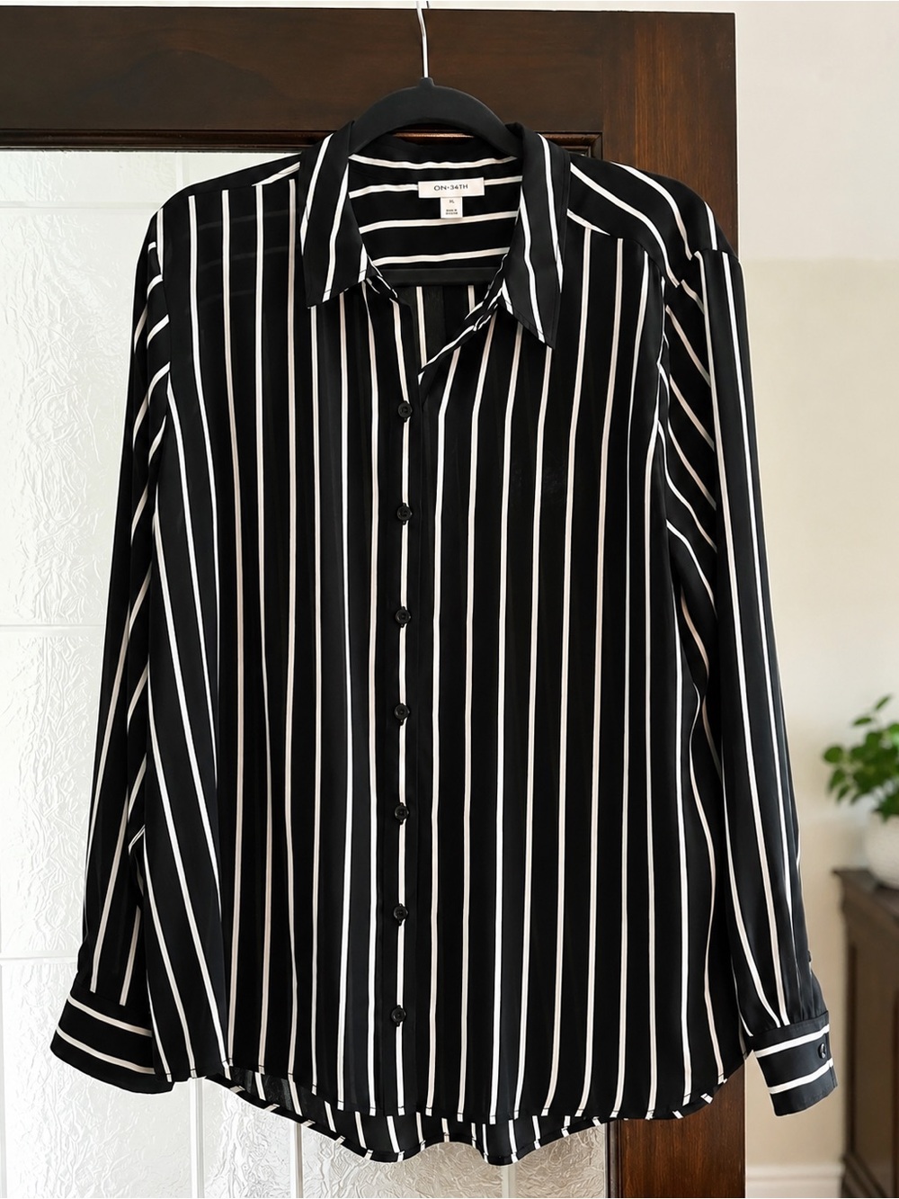 Macy’s On 34th Black and White Vertical-Stripe Button Front Blouse